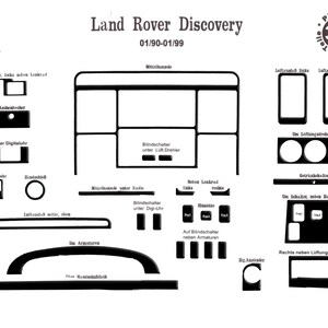 Può includere: Un diagramma di elementi di finitura interni neri per una Land Rover Discovery, anni modello 01/90-01/99. L'immagine include varie forme e dimensioni di componenti di finitura, etichettati in tedesco, con il testo "Pieces 30".