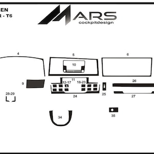 Könnte beinhalten: Diagramm der Innenausstattungsteile für einen Volkswagen Transporter T6 von 2015. Die Schwarz-Weiß-Illustration zeigt verschiedene Armaturenbrett- und Konsolenkomponenten, die mit Nummern gekennzeichnet sind. Das Mars cockpitdesign Logo ist sichtbar.