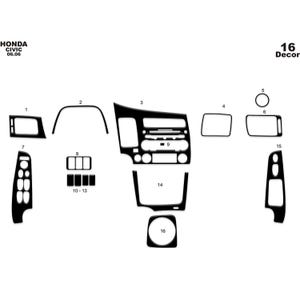 May include: Black interior trim pieces for a Honda Civic 06.06. The image shows various components, including sections for the dashboard, vents, and console. The parts are numbered and labeled for easy identification and installation.