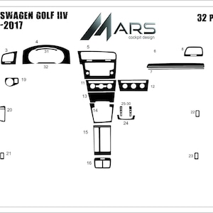 Może przedstawiać: Schemat 32 czarnych elementów wykończenia wnętrza do modelu Volkswagen Golf IV z lat 2012-2017. Elementy są oznaczone numerami i zawierają logo "MARS cockpit design" oraz tekst "32 PARÇA".