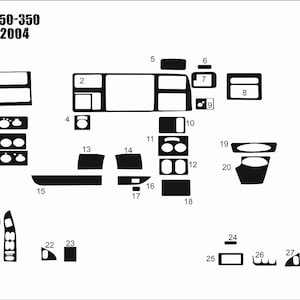 Könnte beinhalten: Schwarz-weiß-Diagramm eines Ford F 250-350 Armaturenbrett-Zierleisten-Kits für die Modelljahre 1999-2004. Das Kit enthält 30 Teile in verschiedenen Formen und Größen.