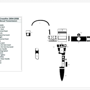 Op de afbeelding: Een diagram van een Chrysler Crossfire 2004-2008 complete kit voor handgeschakelde transmissie. Het diagram bevat labels voor verschillende auto-interieurcomponenten zoals ventilatieopeningen, dashboardkastje en airbagschakelaar.