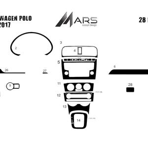 Op de afbeelding: Een diagram met 28 zwart-witte interieurbekledingsonderdelen voor een Volkswagen Polo uit 2014-2017. Het ontwerp bevat labels en nummers, met het Mars Cockpit Design-logo.