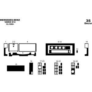 Puede incluir: Un diagrama técnico en blanco y negro que muestra un conjunto de pegatinas para el interior de un Mercedes-Benz Vario 814, con fecha 10.1996. La imagen presenta varias formas geométricas numeradas y recortes de componentes del salpicadero y consola.