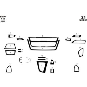 Op de afbeelding: Een diagram van 21 zwarte interieurbekleding voor een BMW F30 model uit 2013. De onderdelen zijn genummerd en bevatten vormen voor het dashboard, deuren en middenconsole. De BMW en het modeljaar zijn gelabeld.