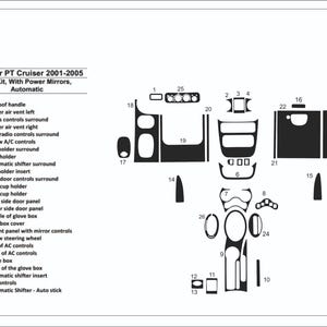 Puede incluir: Diagrama de un kit de molduras interiores para Chrysler PT Cruiser modelos 2001-2005. El diagrama en blanco y negro muestra varios componentes, incluyendo la manija del techo corredizo, las rejillas de ventilación y los controles, con una lista numerada.