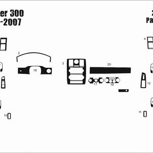 Puede incluir: Un diagrama de piezas de molduras interiores para un modelo Chrysler 300 de 2005-2007. Las piezas negras están numeradas e incluyen elementos del salpicadero, la consola y los embellecedores de las puertas. El texto "Chrysler 300 2005-2007" y "20 Parça" son visibles.