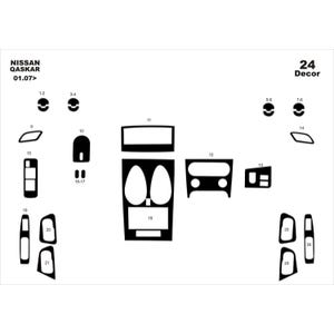 Op de afbeelding: Een zwart-wit diagram van interieurbekleding voor een Nissan Qashqai 01.07>. Het diagram bevat verschillende vormen en maten, gemarkeerd met nummers, voor dashboard- en consolecomponenten.