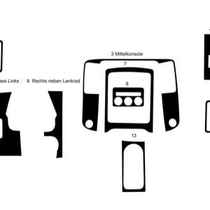 Op de afbeelding: Een diagram van zwarte interieurbekleding voor auto's, gelabeld met nummers en Duitse tekst. De stukken omvatten secties voor het dashboard, de console en andere delen van het interieur van het voertuig.