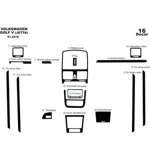 Op de afbeelding: Zwarte interieurbekleding voor een Volkswagen Golf V (Jetta) 01.2010. Inclusief onderdelen voor het dashboard, de middenconsole en de deurpanelen. De afbeelding heeft tekstlabels in het Duits.
