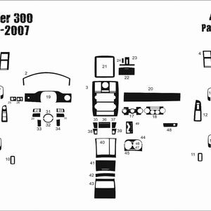 Puede incluir: Kit de molduras interiores negras para modelos Chrysler 300 de 2005-2007. El kit incluye 49 piezas, con varias formas y tamaños para adaptarse a diferentes partes del interior del coche, como se muestra.