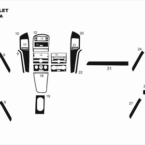 May include: A diagram of interior trim pieces for a Chevrolet Captiva 2008 model. The black pieces are numbered and labeled, including dashboard components, door panels, and console elements. The text "31 Decor" is visible.
