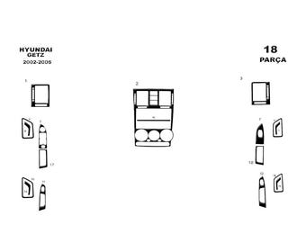 May include: A diagram of 18 black interior trim pieces for a Hyundai Getz model from 2002-2005. The pieces are numbered and include various shapes for the dashboard, doors, and center console. The text "HYUNDAI GETZ 2002-2005" is at the top left.