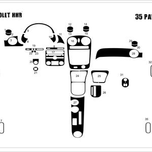 May include: A black and white diagram of a Chevrolet HHR 2008 dashboard, featuring 35 individual pieces. The diagram includes various shapes and outlines for different dashboard components, with numbers indicating each part. The text "CHEVROLET HHR 2008-" and "35 PARÇA" are visible.