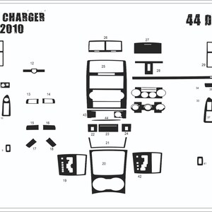 May include: A black and white technical diagram displaying a set of interior trim pieces for a 2008-2010 Dodge Charger. The image features forty-four numbered individual components arranged in a layout, with the text Dodge Charger 2008-2010 and 44 Decor.