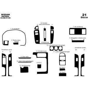 Op de afbeelding: Zwarte interieurbekleding voor een Nissan Patrol. De afbeelding toont verschillende onderdelen, waaronder dashboardelementen, consoleonderdelen en deurpanelen. Tekst bevat "NISSAN PATROL" en genummerde labels in het Duits.
