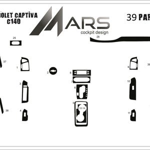 Op de afbeelding: Diagram van zwarte interieurbekleding voor een Chevrolet Captiva 2012- C140. Het diagram bevat 39 onderdelen, met labels en nummers. Het Mars cockpit design logo is zichtbaar.
