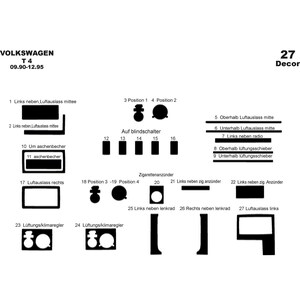 Può includere: Un diagramma in bianco e nero dei componenti interni della Volkswagen T4. Il diagramma include etichette per varie parti come le prese d'aria, gli interruttori e il posacenere. Il testo "VOLKSWAGEN T4" è in alto.