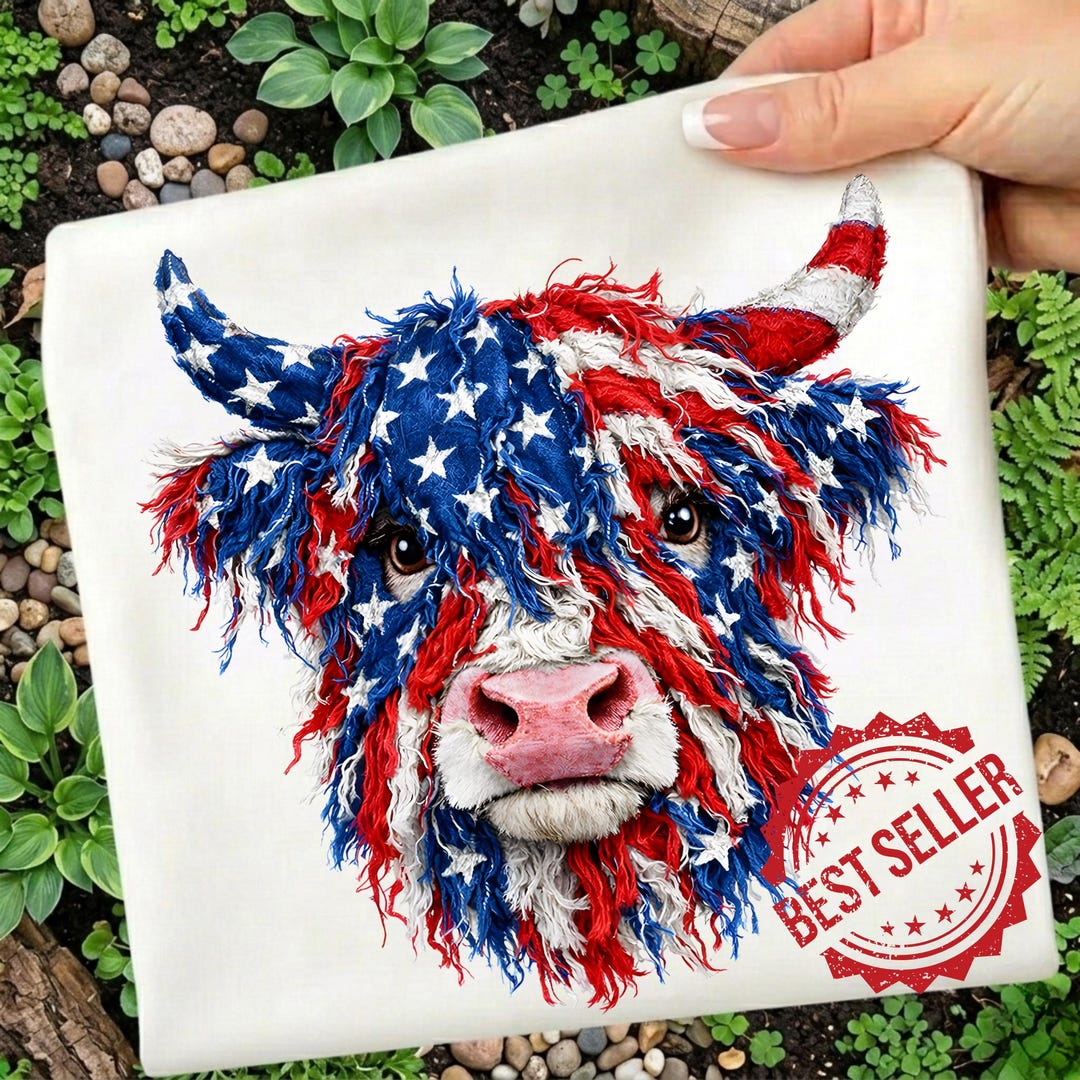 American Flag Patchwork Highland Cow PNG, Patriotic Quilt Png, Fourth ...