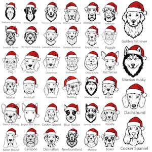 Puede incluir: Ilustraciones en blanco y negro de varias razas de perros con gorros de Papá Noel. Razas como el Bulldog, el Cocker Spaniel y más. Un tema festivo navideño.