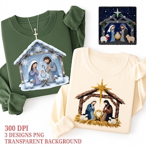 Könnte beinhalten: Zwei langärmlige Sweatshirts, eines in Grün und eines in Creme, mit Designs der Krippenszene. Das grüne Sweatshirt hat eine Kreuzkette. Das cremefarbene Sweatshirt hat einen goldenen Stern. Das Bild enthält auch ein kleines quadratisches Design der Krippenszene.
