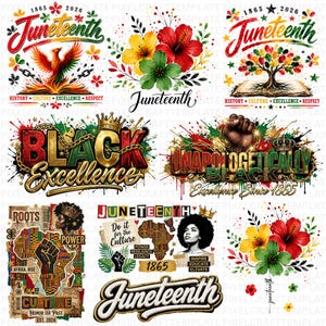 May include: A collection of Juneteenth-themed digital graphics featuring vibrant illustrations of phoenixes, hibiscus flowers, trees, crowns, raised fists, and African maps. Text includes Juneteenth, Black Excellence, Unapologetically Black, and historical dates like 1865 and 2026, rendered in red, green, yellow, and black colors.