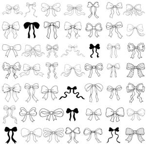 Peut inclure: Une collection de quarante-huit illustrations de nœuds disposées en grille. L'ensemble comprend divers styles de nœuds, certains rendus en noir uni et d'autres sous forme de dessins au trait noir et blanc, avec différentes formes de rubans.