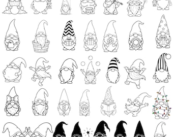 May include: A collection of black and white line art illustrations of garden gnomes in various poses and with different accessories. Some gnomes hold objects like a lantern, a gift, or a violin. Others are juggling or reading a book. The gnomes have long hats and beards.