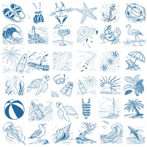 Peut inclure: Ensemble d'illustrations bleues et blanches sur le thème de la plage et de l'océan. Comprend un bikini, une étoile de mer, une ancre, une vague, un phare, un cocktail, un crabe, un flamant rose, une planche de surf, une mouette, des empreintes de pas et un fauteuil de plage.