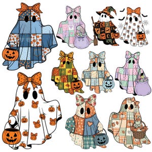 May include: A collection of whimsical Halloween ghost illustrations. Each ghost is adorned with a patchwork design, bows, and carries a jack-o'-lantern or a basket of treats. The color palette includes orange, blue, green, and pink.
