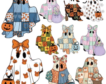 Retro Halloween Patchwork Ghost PNG Bundle - Spooky Season Graphics (Digital Download)