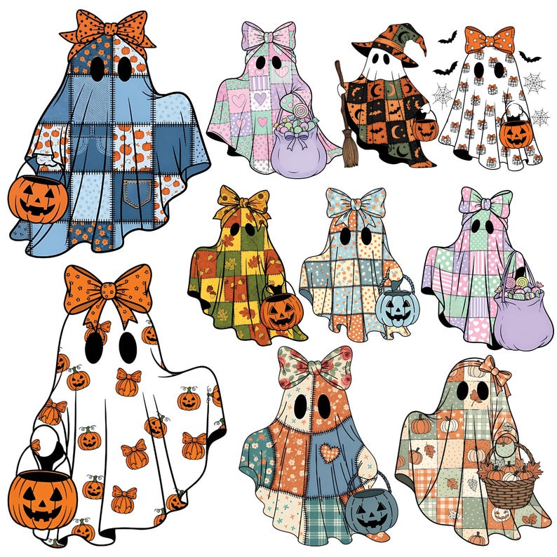 Patchwork Ghost Pattern Retro Halloween Patchwork Ghost PNG Bundle - Spooky Season Graphics ...