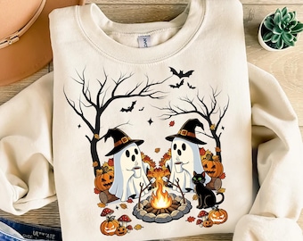 Retro Cute Ghost Halloween Png, Autumn Floral Png, Fall Camping Boo Ghosts Png, Cozy Camping Halloween Png, Funny Ghost Halloween Png