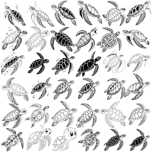 Op de afbeelding: Een verzameling zwart-wit illustraties van zeeschildpadden in verschillende poses. Sommige schildpadden zijn gedetailleerd met patronen, terwijl andere effen zwart zijn. De schildpadden variëren in grootte en stijl, wat een divers aquatisch thema creëert.
