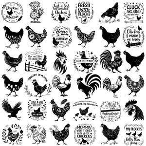 May include: A selection of black and white chicken-themed designs. The images feature chicken illustrations, roosters, and text including "Cluckin' Fabulous" and "Just a Girl Who Loves Her Chickens."