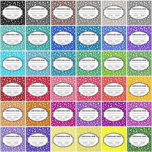 May include: A collection of composition notebooks with various colorful speckled patterns. Each notebook features a white label with the text "COMPOSITION BOOK" and specifications for 100 sheets and 200 pages.