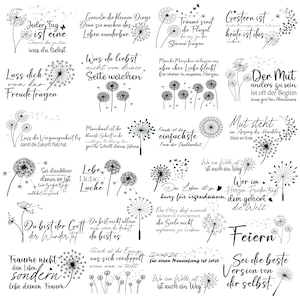 Könnte beinhalten: Eine Sammlung von schwarz-weißen Pusteblumen-Illustrationen mit inspirierenden Zitaten auf Deutsch. Die Zitate sind in verschiedenen Schriftarten und Stilen gehalten, einige mit kleinen Schmetterlingsakzenten. Das Gesamtthema ist motivierend und positiv.