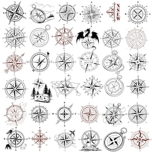 Puede incluir: Una colección de diseños de brújulas en negro y marrón. Las brújulas presentan ilustraciones detalladas, algunas con texto como "north" y "Wander are lost". La imagen muestra una variedad de herramientas de navegación, perfectas para temas de viajes o aventuras.