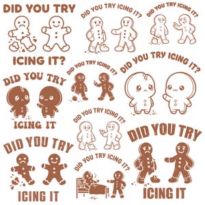 Op de afbeelding: Een herhalend patroon van bruine peperkoekmannetjes met verschillende uitdrukkingen en staten van verval. Tekst in bruin leest "DID YOU TRY ICING IT?" en "ICING IT". Het ontwerp staat op een witte achtergrond.