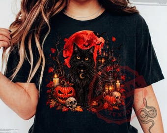 Creepy Halloween PNG, Gothic Cat Pumpkin Design, Retro Gothic Horror, Grunge Spooky Graphic, Vintage Skeleton Sublimation