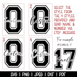 May include: A digital design featuring four variations of the number zero in a varsity style, with the word "Custom" in cursive. The image also includes a sample number 17 with the name "Amelia" and instructions: "Select the style from the 4 styles provided and send name & number via Etsy message."