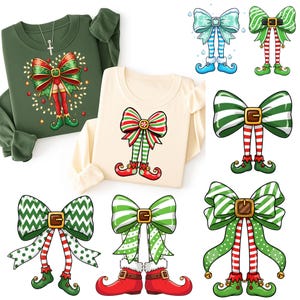 Puede incluir: Una colección de sudaderas y diseños gráficos con temática navideña. Las sudaderas son de color verde oliva y crema, con diseños de lazo y piernas de elfo. Los diseños gráficos incluyen lazos con piernas a rayas, zapatos de elfo y elementos decorativos.
