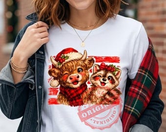 Christmas Highland Cow PNG, Christmas Raccoon PNG, Santa Hat Cow, Raccoon Christmas PNG, Highland Sublimation, Christmas Png