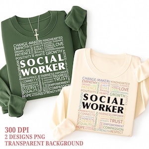 Pode incluir: Duas camisolas de manga comprida, uma verde-oliva e outra creme, cada uma com o texto "SOCIAL WORKER" em branco. O texto é rodeado por palavras como "EMPATHY", "TRUST" e "GROWTH". Um colar de cruz prateada está na camisola verde.