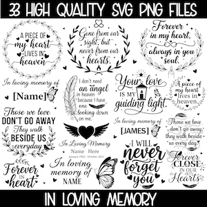Może przedstawiać: Zestaw 33 wysokiej jakości czarno-białych plików SVG i PNG z cytatami i wzorami pamiątkowymi. Zawiera frazy takie jak "Forever in my heart". Idealny do rękodzieła.