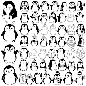 May include: A collection of black and white penguin illustrations in various poses. Some penguins wear scarves, hats, or sweaters. Others hold coffee cups or candy canes. The penguins are in different sizes and styles.