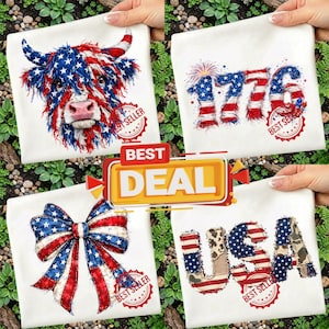 Op de afbeelding: Vier witte vierkante ontwerpen met patriottische thema's. Eén toont een Schotse hooglander met een rood, wit en blauw vlagontwerp. Een andere toont het nummer "1776" met vuurwerk. Een derde toont een strik met een vlagontwerp en de laatste zegt "USA".