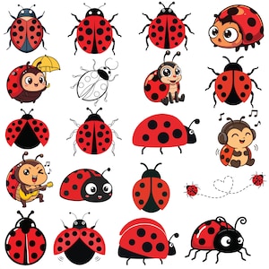 May include: A collection of cartoon ladybug illustrations in various poses. The ladybugs are primarily red with black spots and accents, some with smiling faces, musical notes, and accessories like headphones and an umbrella. The background is white.