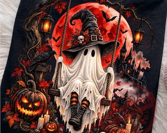 Halloween Ghost PNG, Spooky Ghost Swing Design, Haunted House, Red Moon Gothic Horror, Vintage Halloween Shirt, DTF