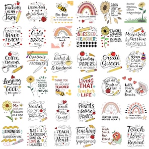 May include: A collection of colorful stickers with teacher-themed quotes and illustrations. Designs include pencils, apples, rainbows, and motivational phrases like "Teaching is my Jam" and "Blessed Teacher."